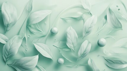 Aufkleber - A minimalist mint-green composition featuring soft, organic leaves and scattered decorative spheres, evoking serenity and freshness.