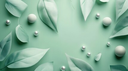 Aufkleber - A minimalist mint-green composition featuring soft, organic leaves and scattered decorative spheres, evoking serenity and freshness.