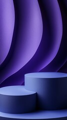 Poster - Two round empty podiums stand in front of a beautifully curved purple wall. The interplay of texture and color creates a refined atmosphere perfect for presentations or displays