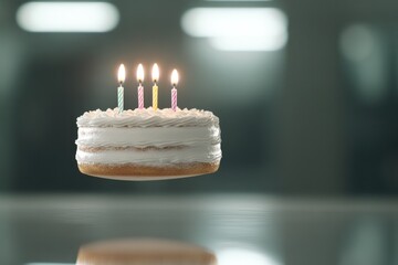 surreal floating birthday cake with lit candles hovering above shimmering reflective surface under colorful lights