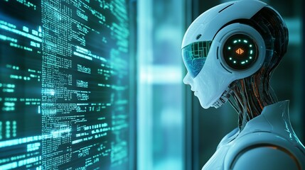 Poster - Futuristic humanoid robot interacts with digital data in a high-tech environment
