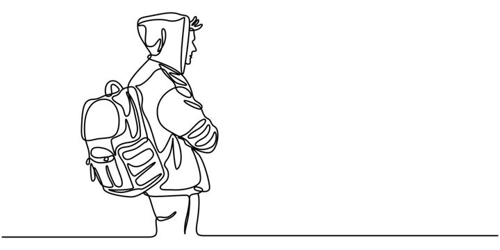 college campus student man with bag backpack continuous one line drawing, Transient Chalkboard, Student, outline pro vector illustration on white background.