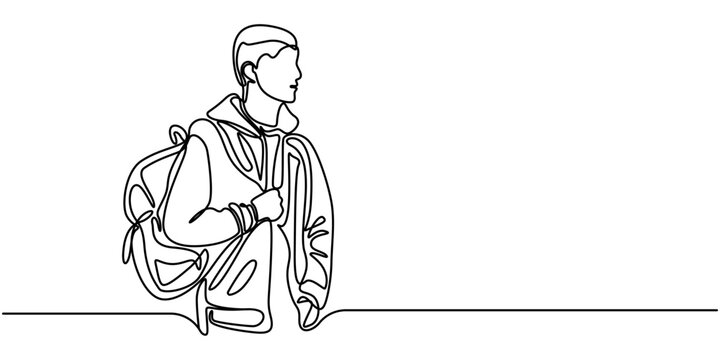 college campus student man with bag backpack continuous one line drawing, Transient Chalkboard, Student, outline pro vector illustration on white background.