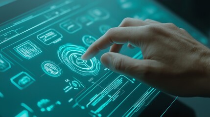 Poster - Interactive technology interface shows user engaging with digital controls in a modern workspace