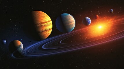 Poster - A vibrant digital artwork of a planetary system, highlighting planets of various sizes and colors.