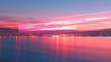Poster - Long-exposure light trails forming abstract neon patterns over a stunning sunset-lit metropolis.