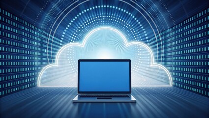 Poster - Laptop in cloud computing tunnel with glowing data lines and a cloud icon on the screen. The laptop's screen is blank, ready to be used as a placeholder.