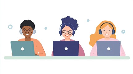 Poster - Three diverse call center employees working on laptops, smiling while providing remote support.