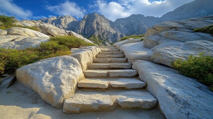 Mountain stone steps ascend to summit under blue sky