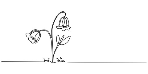 Fototapete - Spring Snowdrop Flower Single Line Drawing with Editable Stroke and Copy Space, Abstract bell shaped flowers in continuous line art drawing style. Minimalist black linear sketch isolated on white back