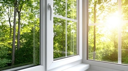 Canvas Print - Sunlight floods the interior space as vibrant green trees and city skyscrapers are visible through a large window