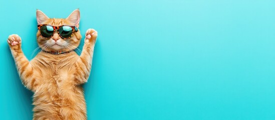 Naklejka na meble Cool ginger cat wearing sunglasses on blue background.