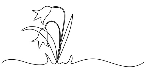 Fototapete - Spring Snowdrop Flower Single Line Drawing with Editable Stroke and Copy Space, Abstract bell shaped flowers in continuous line art drawing style. Minimalist black linear sketch isolated on white back