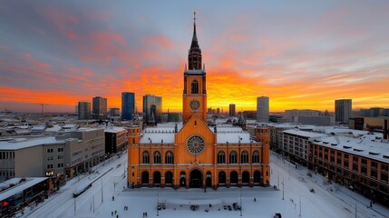 Wall Mural - Breathtaking Panoramic View of Church at Sunset with Snowy Landscape