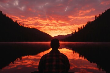 Poster - Man contemplates lake's colorful sunrise over mountains, reflecting in still water