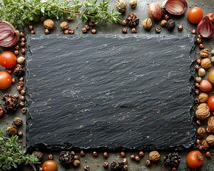 Poster - minimal black slate blank sign with soft copper details and specks of dust ready for text