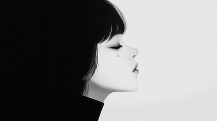 Poster - Dramatic Black and White Profile of a Woman with a Tear Falling in a Minimalist Artistic Style