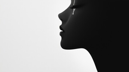 Poster - Dramatic Black and White Profile of a Woman with Tear on Cheek in Minimalist Art Style