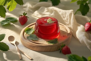 Wall Mural - Dessert featuring strawberry jelly with glossy glaze and berries, elegantly presented on wooden platter. Concept celebrates strawberry jelly with glossy glaze and berries