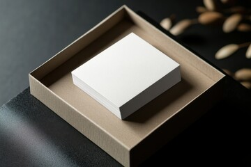 Poster - Blank card stack presented in a simple box with leaves in soft focus on a dark surface