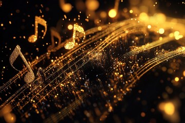Fototapete - Golden music notes and sparkling particles create a lively rhythm in a vibrant abstract composition