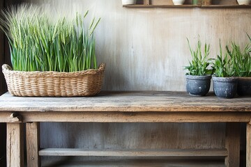 Aufkleber - Baskets of wheat and potted plants on a rustic wooden table in a cozy indoor space