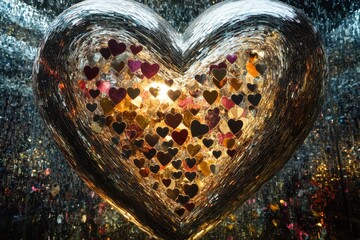 Poster - Heart-shaped artwork surrounded by shimmering reflections and colorful hearts creates a romantic atmosphere in an artistic space