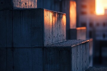 Poster - Close-up of concrete steps with a beautiful sunset in the background