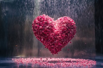 Poster - Heart made of pink petals shines under shimmering light in a romantic setting