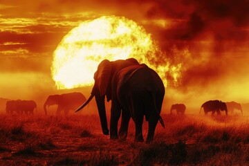 Poster - A group of African elephants roaming freely in a lush, open field
