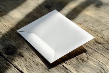 Fototapete - Blank white envelope resting on a rustic wooden surface illuminated by natural light in a cozy setting