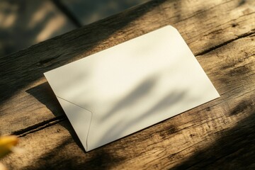 Aufkleber - Elegant blank envelope resting on a rustic wooden table surrounded by soft shadows and natural light during daytime