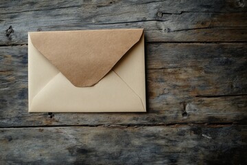 Fototapete - Simple brown envelope rests on rustic wooden surface in soft natural light, hinting at correspondence and connection