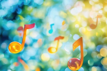 Fototapete - Colorful musical notes floating amidst a vibrant bokeh background in a lively outdoor setting