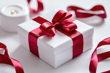 Wall Mural - A white gift box wrapped with a red ribbon, perfect for special occasions or as a decoration