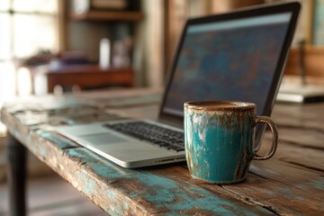 Poster - a cup of coffee sits next to a laptop, perfect for a morning work routine or study session