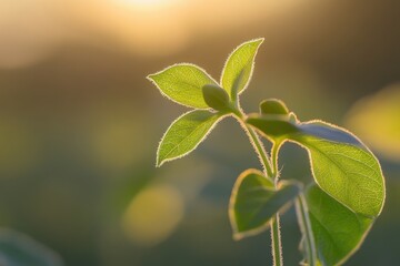 Poster - Green leaves illuminated by sunlight during a golden hour landscape