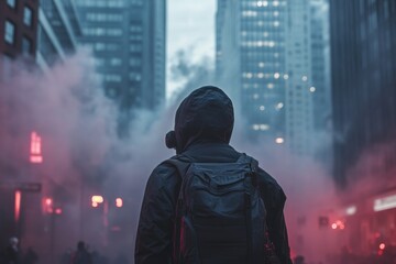 A person carrying a backpack stands in the midst of a city, providing a sense of urban adventure