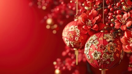 Aufkleber - Decorative red and gold ornaments hang from a red wall, perfect for party or event decoration