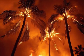 Poster - Flames engulfing palm tree trunks with black smoke billowing into the air
