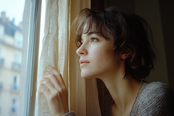 Wall Mural - A woman looks out of a window at the bustling city, great for use in articles about urban life or cityscapes