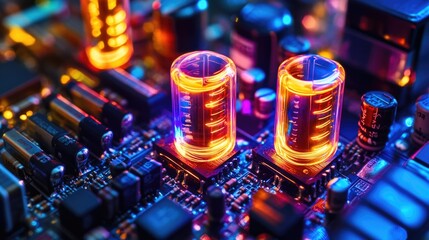 Poster - Close-up of two electronic tubes on a motherboard, suitable for use in technology and electronics illustrations