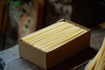 Poster - A box of spaghetti noodles sits on a table, ready for cooking