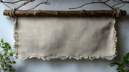 Poster - Minimalist Fabric Banner Sign with Lace Borders and Pearl Details on White Background