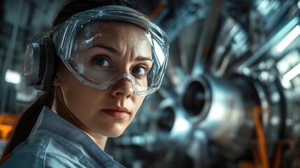 Poster - A woman wearing goggles and protective gear in a busy industrial setting