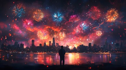 Aufkleber - Breathtaking fireworks exploding over a vibrant illuminated city skyline at night creating a dazzling colorful display reflected in the water below