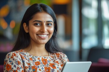Poster - A woman smiles while working on her laptop