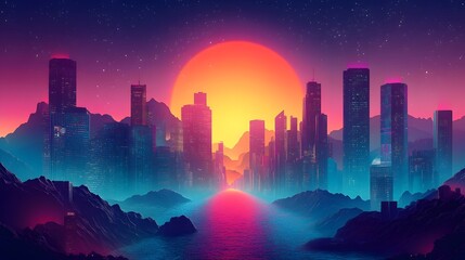 Aufkleber - Breathtaking futuristic cityscape with towering skyscrapers and a vibrant colorful sunset glow reflecting on the water  The serene