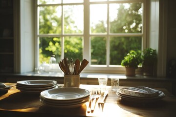 Aufkleber - A wooden table with plates and utensils set out for a meal or gathering