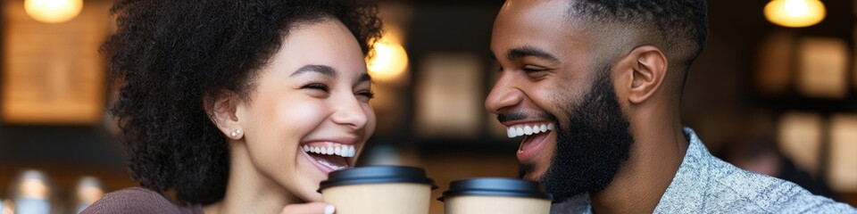 Sticker - A happy couple holding coffee cups and smiling together